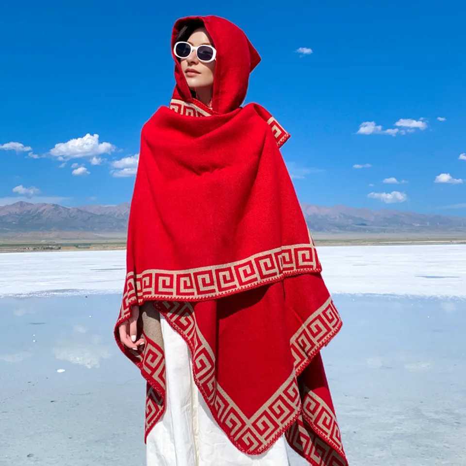 New Fine Ladies Shawl Scarf with Geometric Pattern Borders Hooded Wrap Shawl Autumn Winter outdoor Travel Stylish Women C251031
