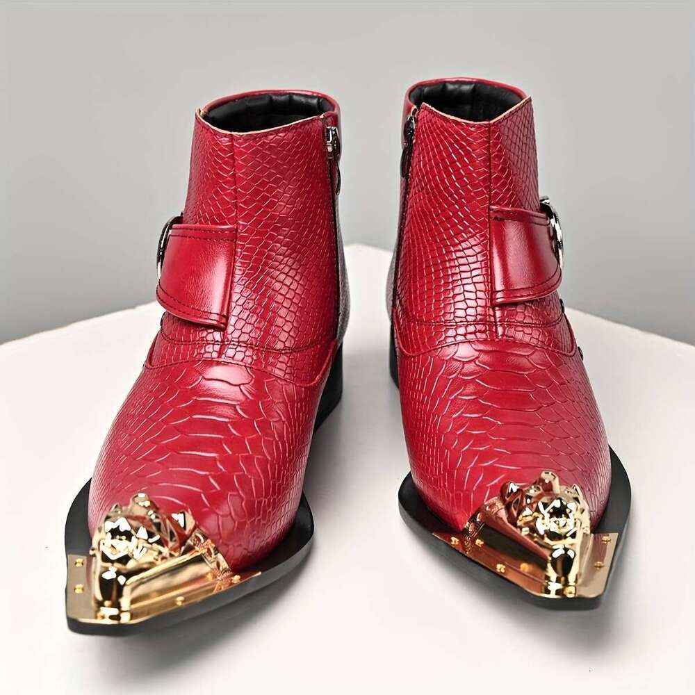 QRLQRL Men's Retro British Style Slip-On Ankle Boots With Metal Red Snakeskin-Like Chunky Heel Pointed Toe Short Boots, Rubber Sole For Parties,  - view 7