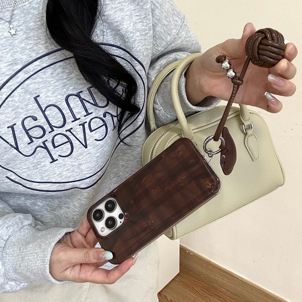 Brown Plaid Heart Pendant Phone Case Compatible with iPhone 17/16 Pro Personalized Protective Cover iPhone 15/14