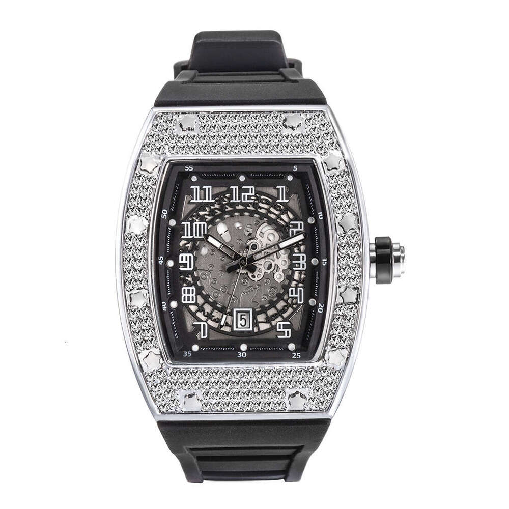 Fashionable classic watch Personality Full Diamond Barrel-Shaped Silicone Band Quartz Men's Watch