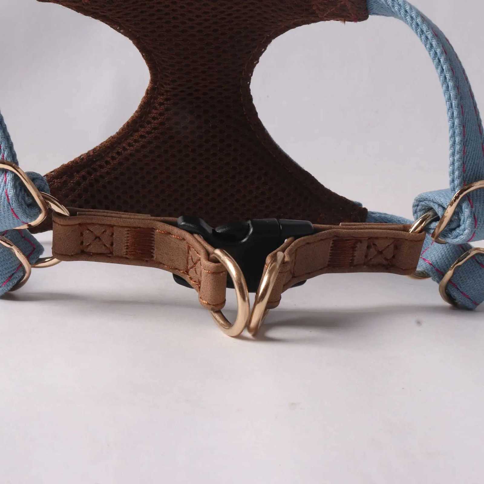 Cotton Denim Dog Harness Pet Leash Set Adjustable Breathable Chest Harness with Decorative Snaps for Small Breeds C251031