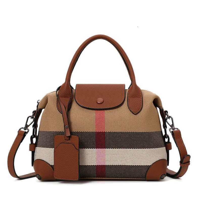 Aidran Exquisite womens bag Boston bag with canvas and leather stitchingRetro plaid handbag for daily commute novelty of 2024T251031