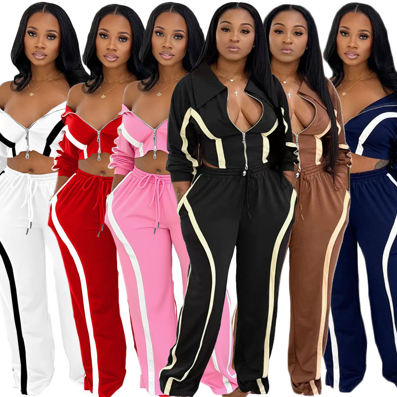 Women autumn winter contrasting long sleeved cardigan sports style two-piece set fashionable loose straight leg pants sports casual two-piece set desi