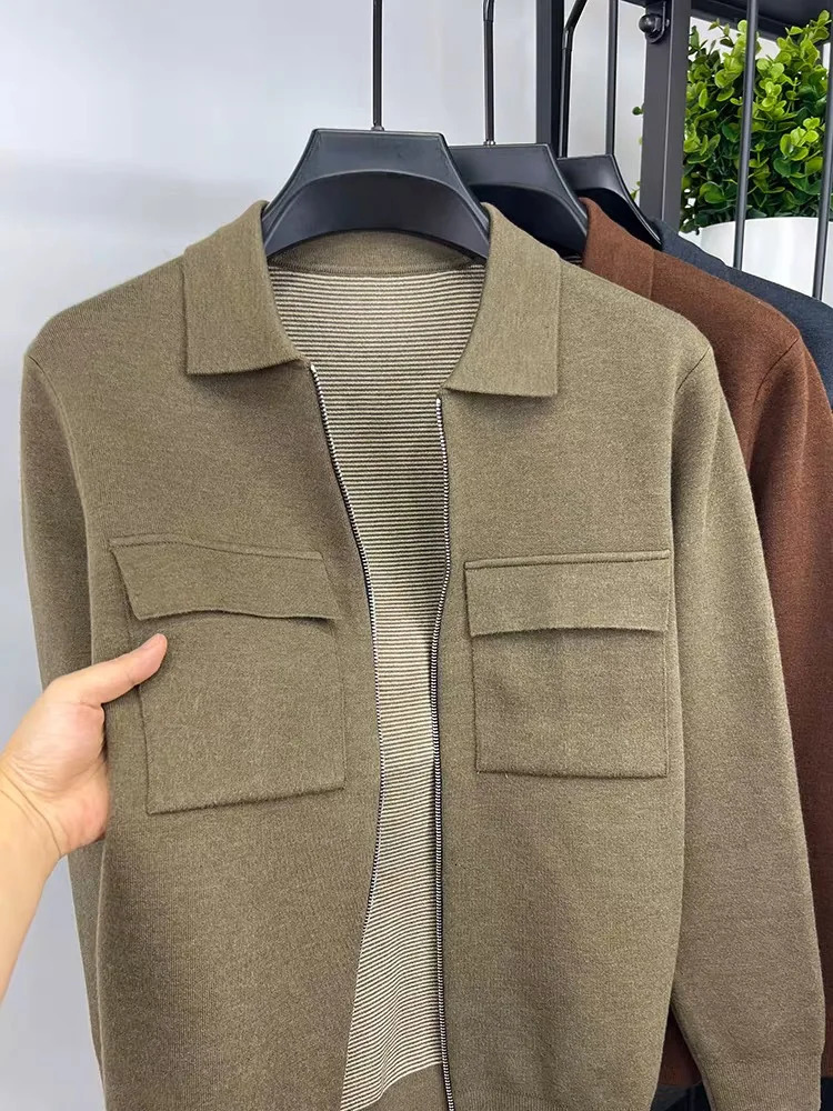 Premium Zipper Collar Wool Cardigan Mens Casual Coat AutumnWinter y Pocket n Solid Color Warm Sweater Jacket 251029