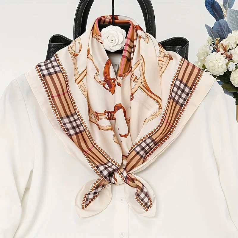 1pcs 70cm Plaid Chain Printed Square Scarf for Women Imitation Silk British Style Headwear Bag Decoration Clothing Square ScarfW251030