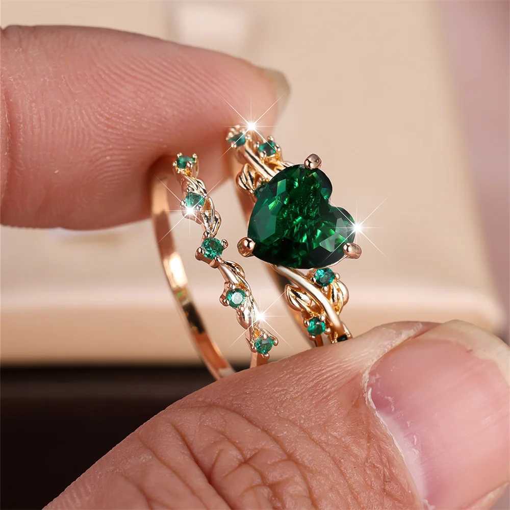 Royal Blue Green Black Red Stone Heart Ring Sets For Women Rose Gold Color White Zircon Bridal Wedding Bands Mothers Day JewelryXJ251031