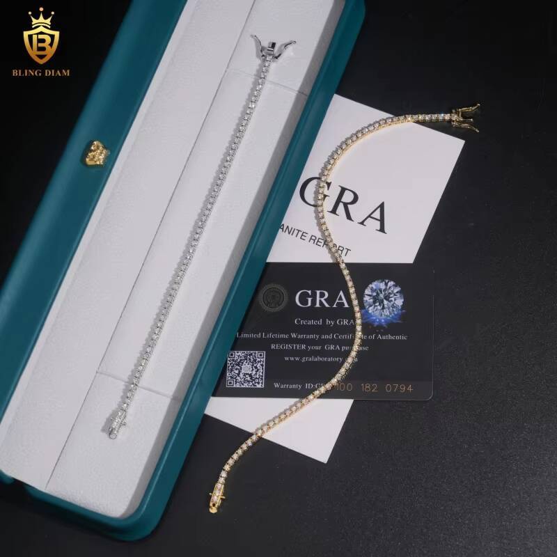 US in Stock Fast Shipping Hip Hop Jewelry 925 Sterling Silver Vvs Moissanite Iced Out 2mm Tennis Chains Bracelet Necklace