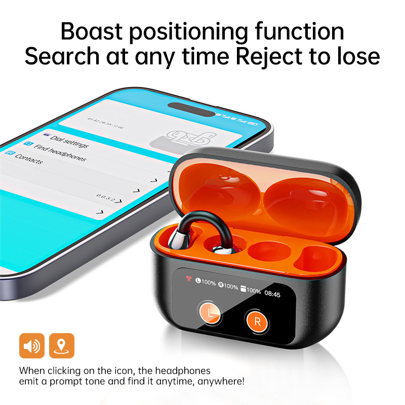 Advanced Clip-On Earbuds with Color Touch Screen & Remote Control Open-Ear Bluetooth Earphones Hi-Fi Sound for Gaming/Music Anti-Loss 30Hrs Playback