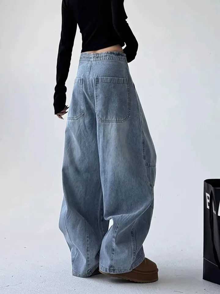 Vintage Streetwear Women Jeans Plaid Square Scarf Patchwork Wide Leg Denim Pants Loose Street Dance Lace Up High Waist Trouser J2510311