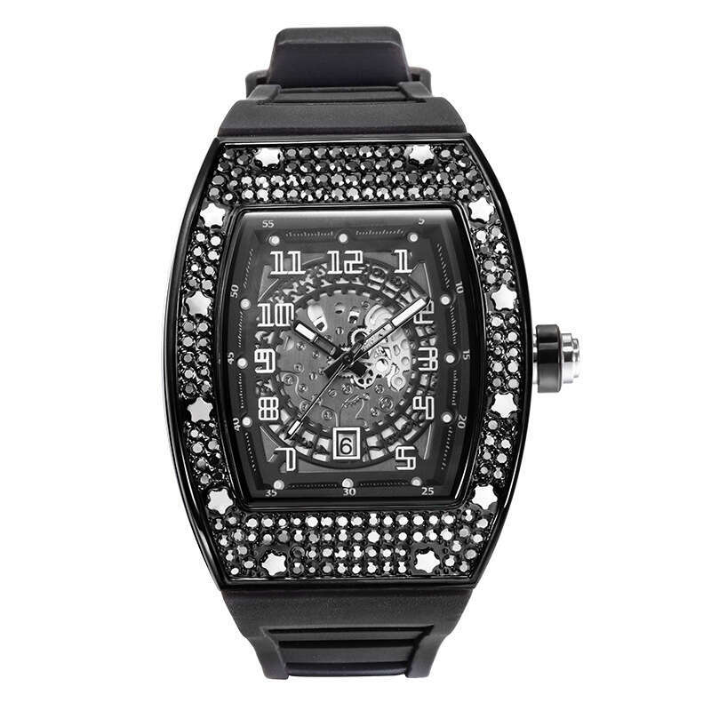 Fashionable classic watch Personality Full Diamond Barrel-Shaped Silicone Band Quartz Men's Watch
