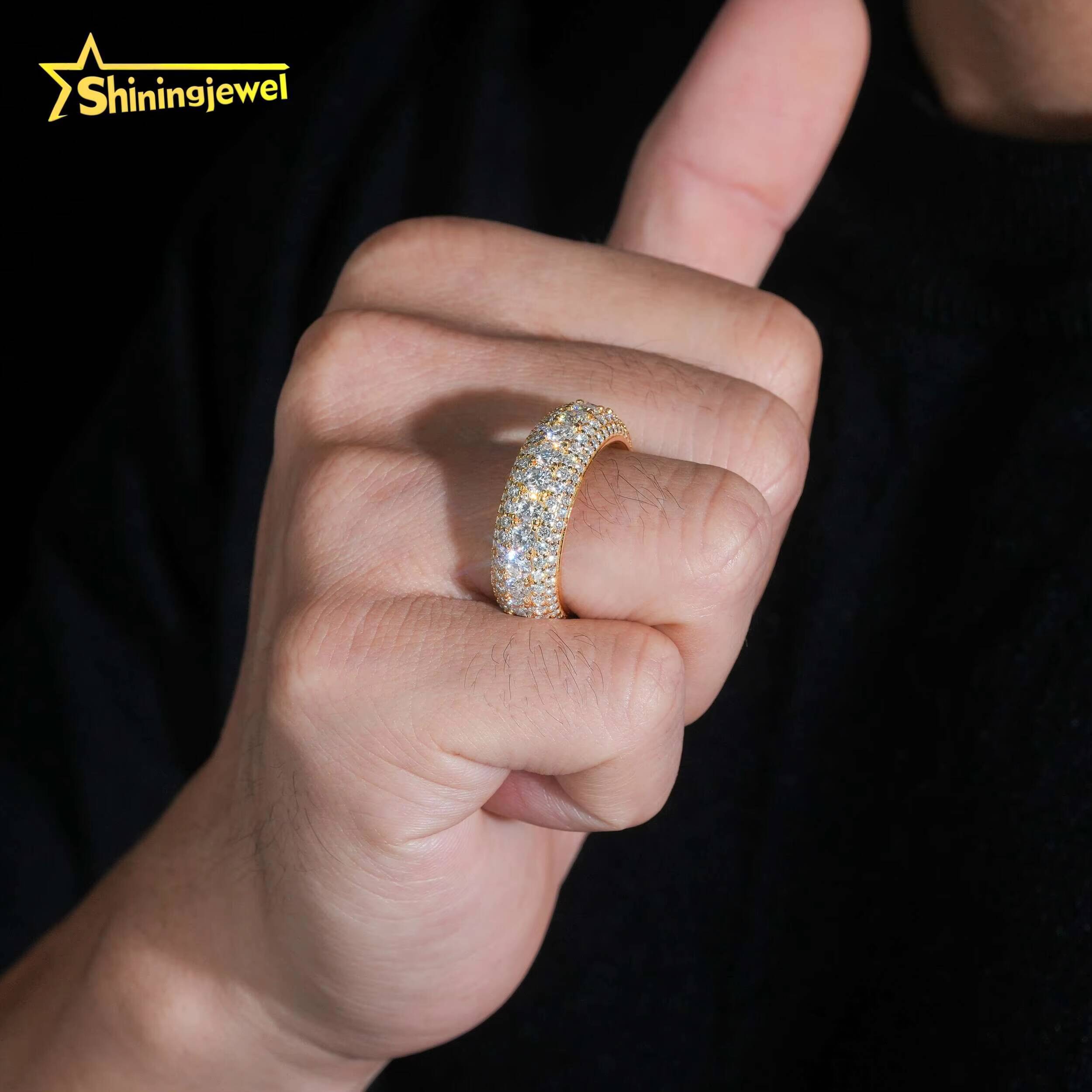 Fashion Gold Plated 5Rows Diamond Men Ring Iced Out Custom Hip Hop Style Jewelry 925 Sterling Silver VVS Moissanite Band Rings
