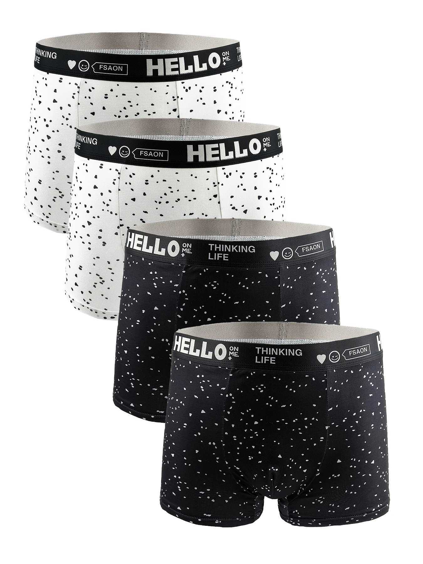 Mens 4Pack Polyester Boxer Briefs HELLO Printed Waistband with THINKING LIFE Cute Icons Stylish Speckled PatternT251031