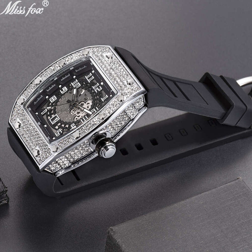 Fashionable classic watch Personality Full Diamond Barrel-Shaped Silicone Band Quartz Men's Watch