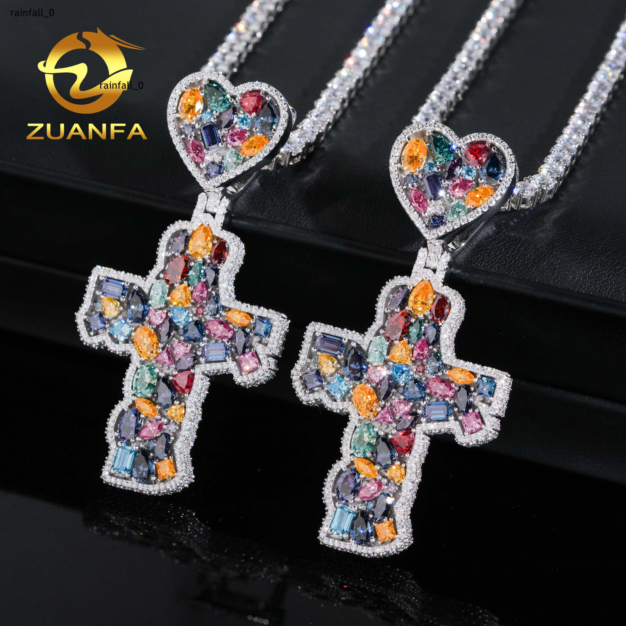 Solid 925 Silver Multicolor Moissanite Diamond Cross Pendant With Heart Bail Hip Hop Pendant Iced Out for Necklace Chain