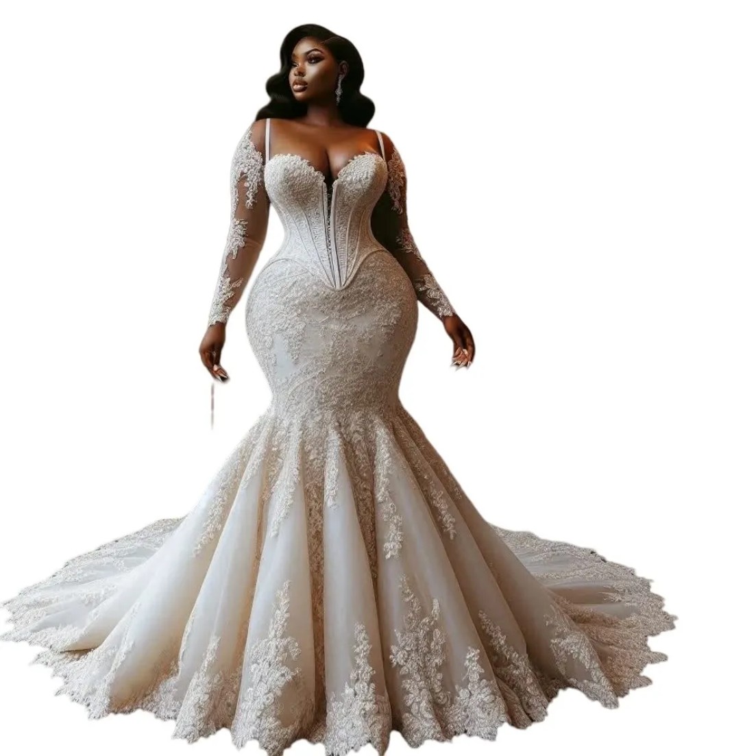 Wedding Dress Oversize Plus Size Full Sleeves Lace Court Train Vintage Bridal Gowns Dresses