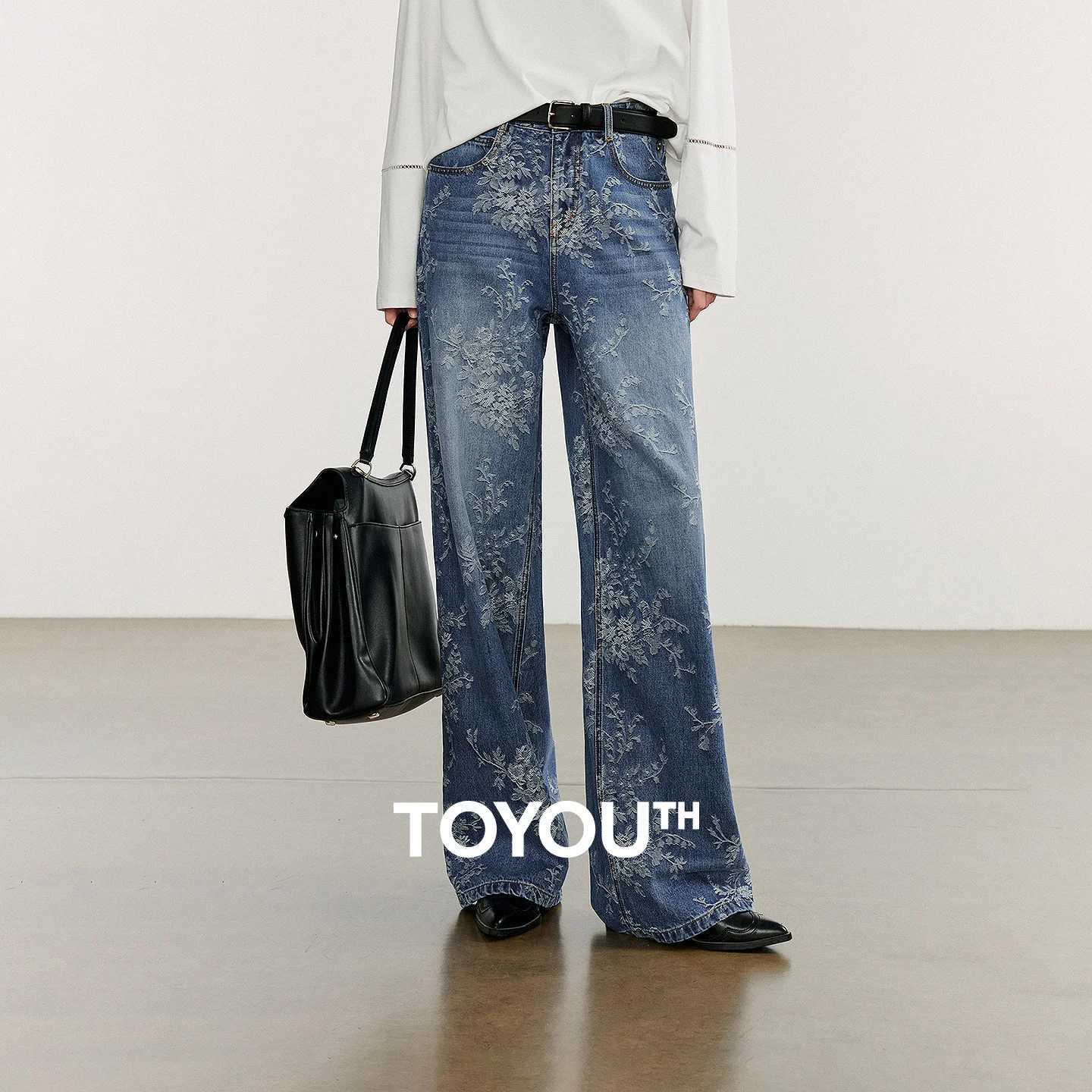 TOYOUTH Women Denim Pants 2025 Autumn New Cotton Jacquard Wide Leg Straight Full Length Cowboy Pants J2510311