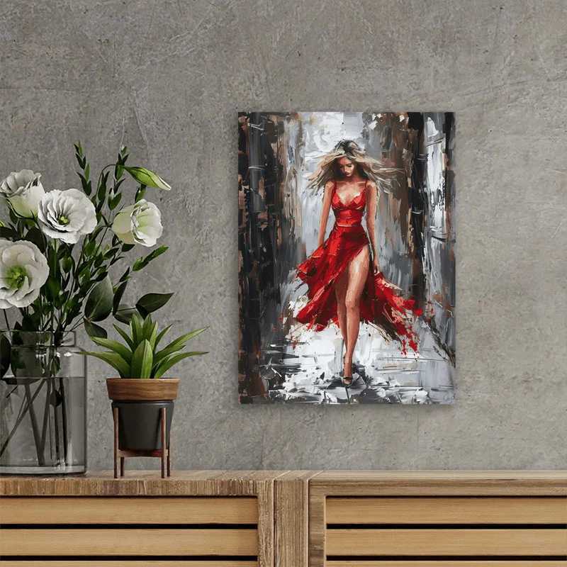 1pc Wooden Framed Canvas Oil Painting Elegant Woman in Red Dressroom or Wall Decor Office Artwork Vibrant Wall Art C251031