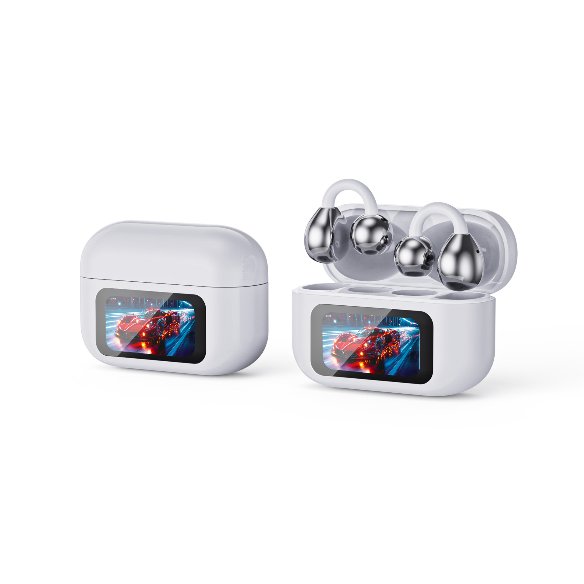 Advanced Clip-On Earbuds with Color Touch Screen & Remote Control Open-Ear Bluetooth Earphones Hi-Fi Sound for Gaming/Music Anti-Loss 30Hrs Playback