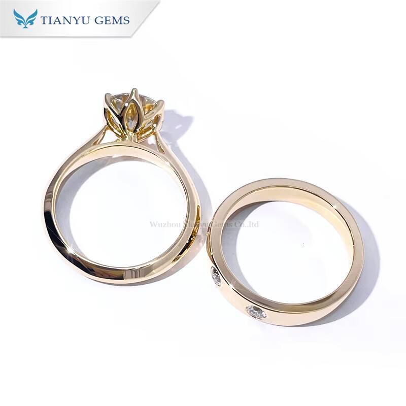Tianyu 2CT D VVS Round Moissanite Diamond Engagement Ring Set Custom Real Yellow Gold 14K 18K Wedding Band Rings