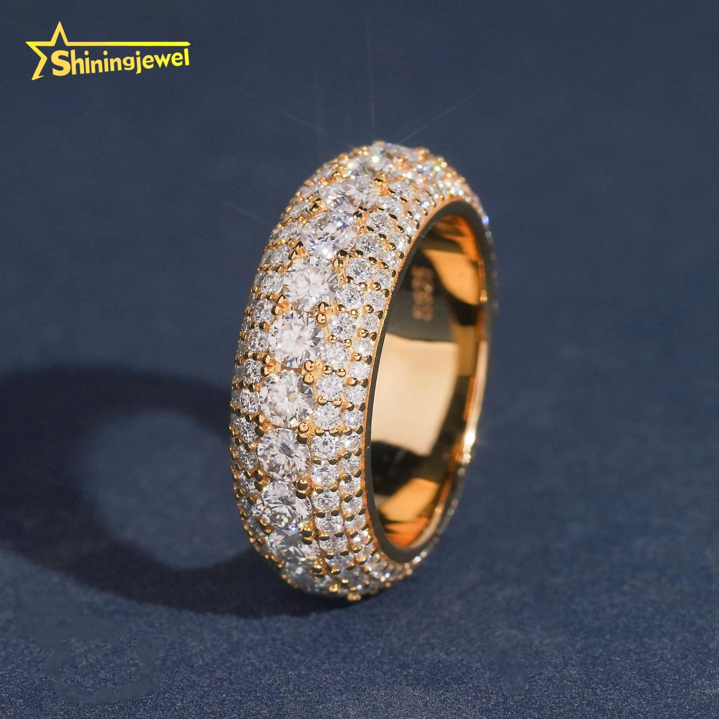 Fashion Gold Plated 5Rows Diamond Men Ring Iced Out Custom Hip Hop Style Jewelry 925 Sterling Silver VVS Moissanite Band Rings