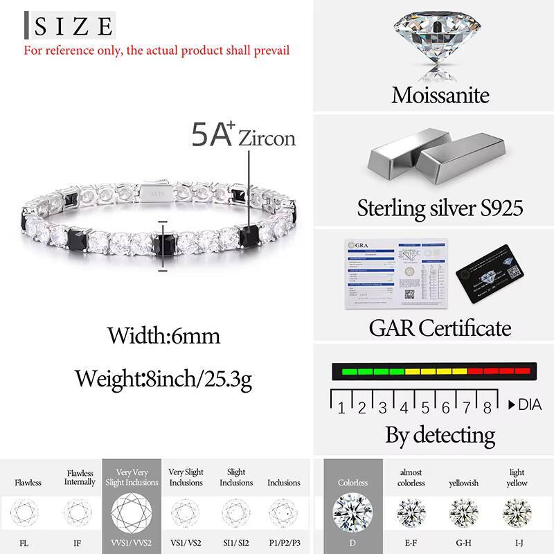 Gra Certificates Stock 6mm S925 White Gold Plated Hip Hop Jewelry D Color Black Moissanite Diamond Tennis Chain Bracelet Men