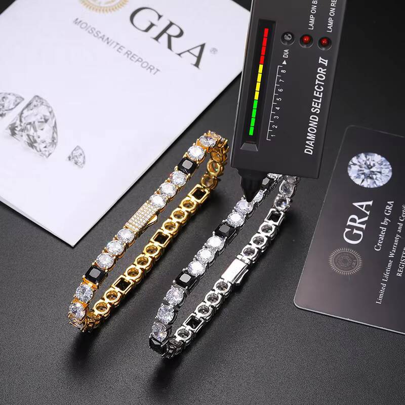 Gra Certificates Stock 6mm S925 White Gold Plated Hip Hop Jewelry D Color Black Moissanite Diamond Tennis Chain Bracelet Men
