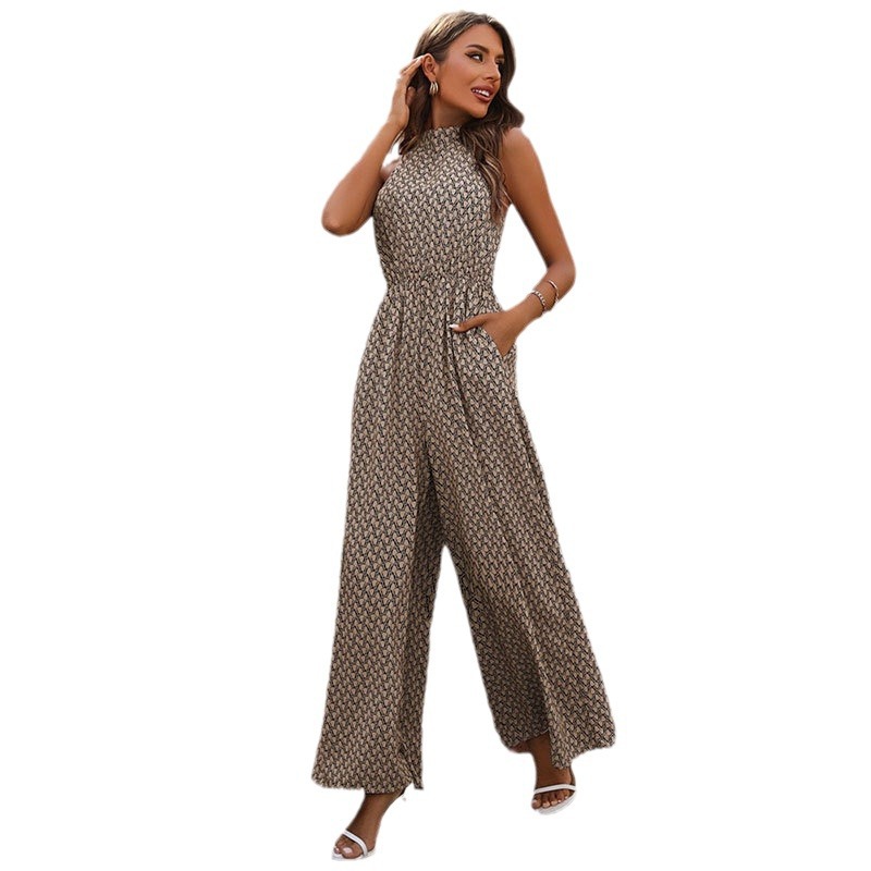 Women's elastic waistband high neck hanging neck sleeveless floral wide leg casual pants jumpsuit