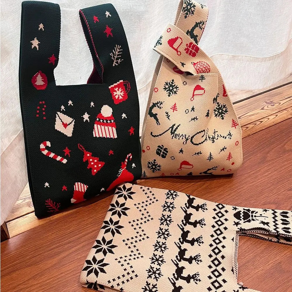 Polyester Women Christmas Knit Bag Christmas Tree Reusable Knot Wrist Bag Snowman Handmade Knit Tote Bags Shopping Bags 251104