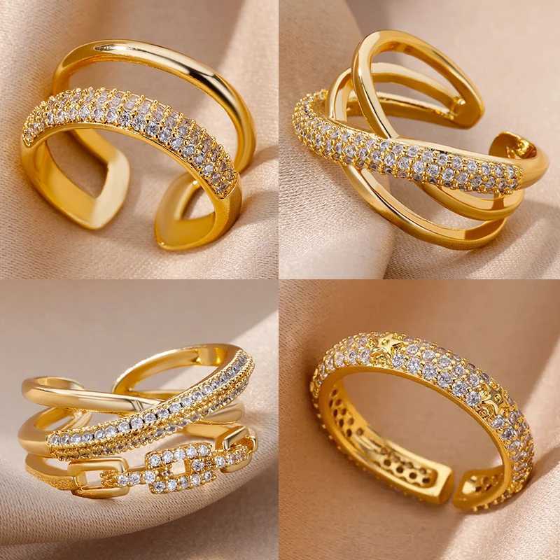 Vintage Geometric Zircon Rings for Women Stainless Steel Gold Color Punk Open Finger Ring Aesthetic Wedding Jewelry bague femmeXJ251031