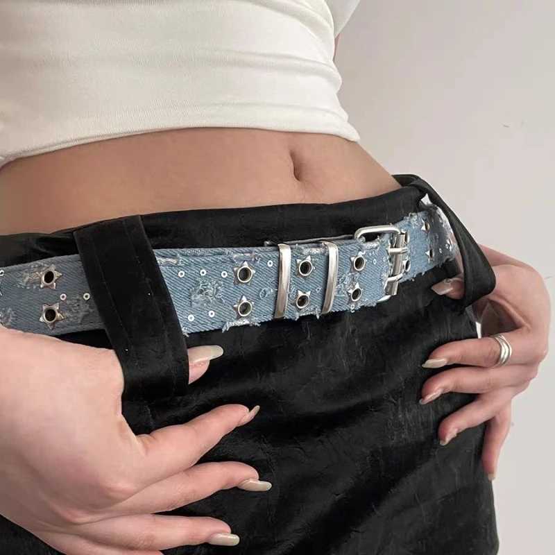 Edgy Punk Denim Double Buckles Star Belts Y2K Rock Style Hollow Out Stars Waistband for Women Men Jeans Fashion Deco AccessoriesW251030
