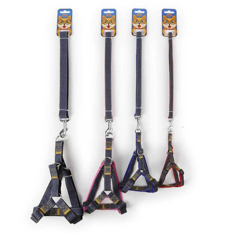 Pet Dog Collar Leash Harness Suit Adjustable Durable Leashes Pet Harnesses Wearresistant Denim Leash Outdoor Dog Walking Leash C251031