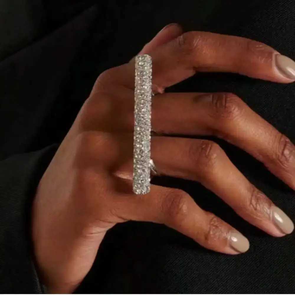 Exaggerate Rhinestone Large Double Finger Ring for Women Personalized Geometric Ring Open Wedding Party JewelryXJ251031