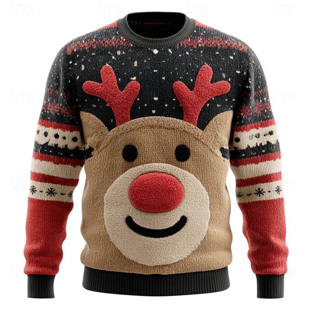 Christmas Deer Print Warm Knitted Long Sleeve Sweater Pullover Tops Round Neck Casual Ugly Blouse Christmas Sweater Hoodies 251031