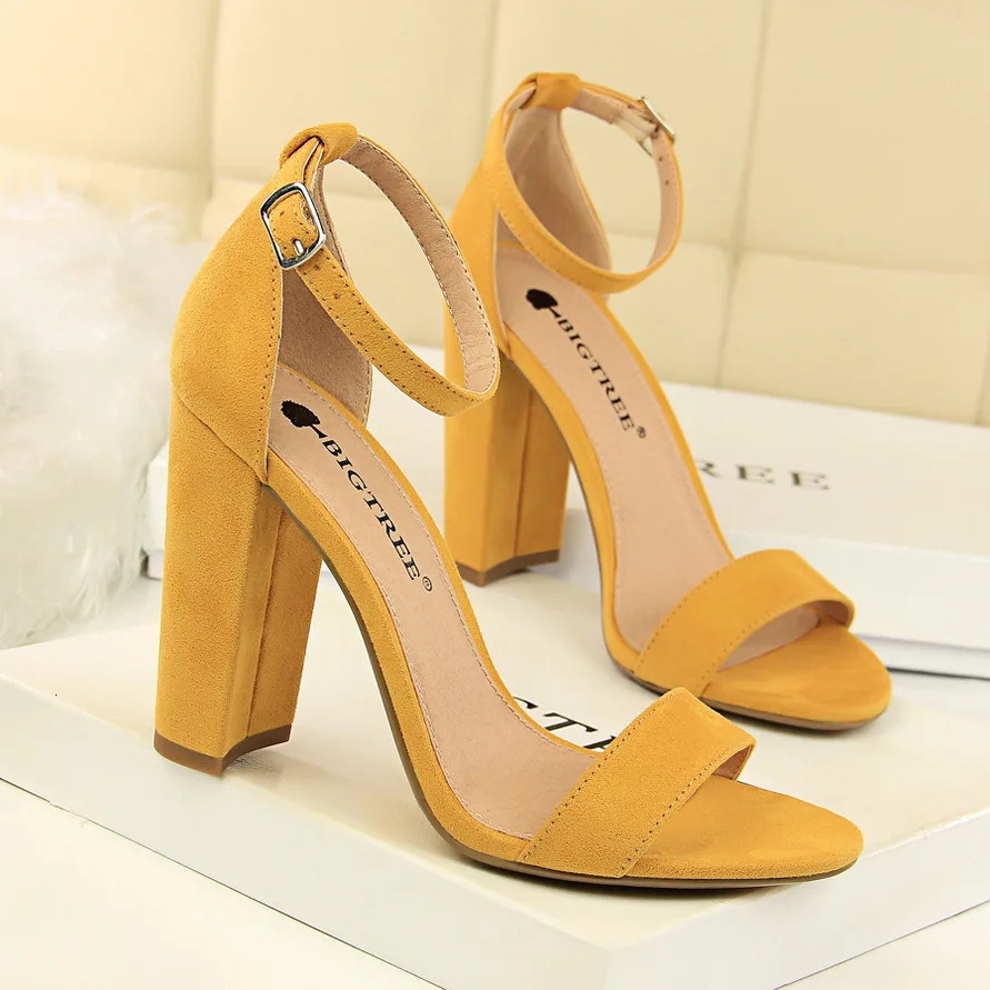 Summer Women 95cm High Heels Sandals Yellow Nude Purple Gladiator Square Block Heels Pumps Chunky Platform Bridal Grace 05091 251030
