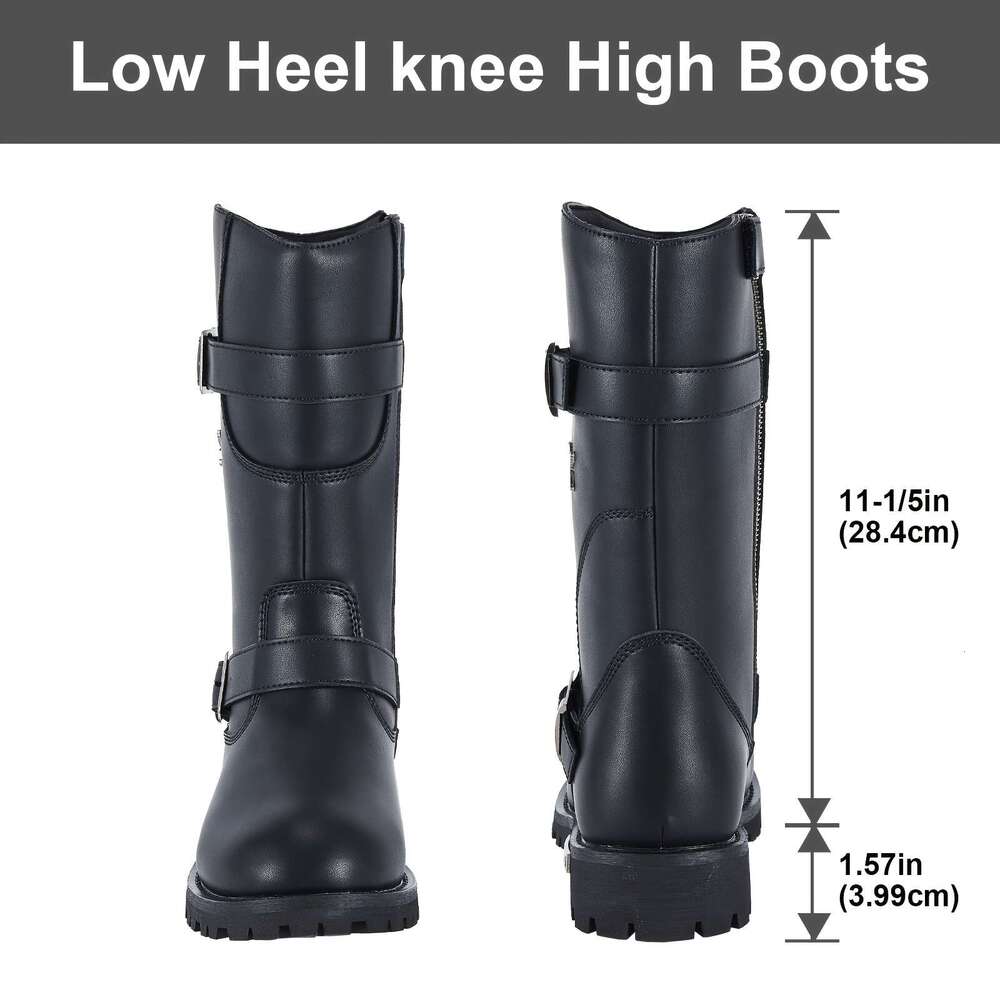 Women's PU Leather Harness Motorcycle For Riding, Waterproof Studded Biker Boots With Side Zipper & Buckle, Black Engineer Combat Mid-Calf Footwe