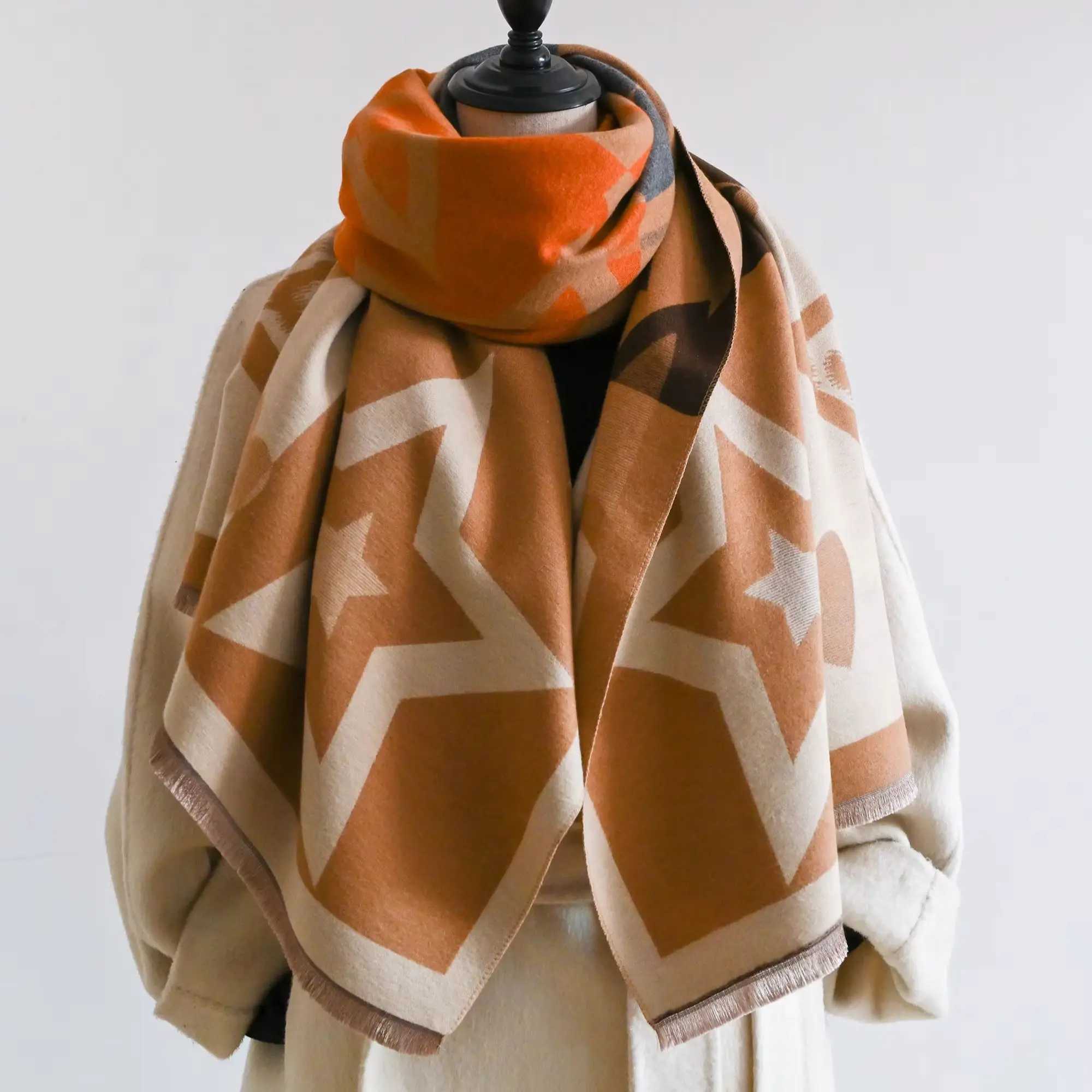 2025 Luxury Star TwoSided Scarf For Women Warmer Winter Cashmere Scarves Shawls Female Thick Blanket Wraps Foulard C251031