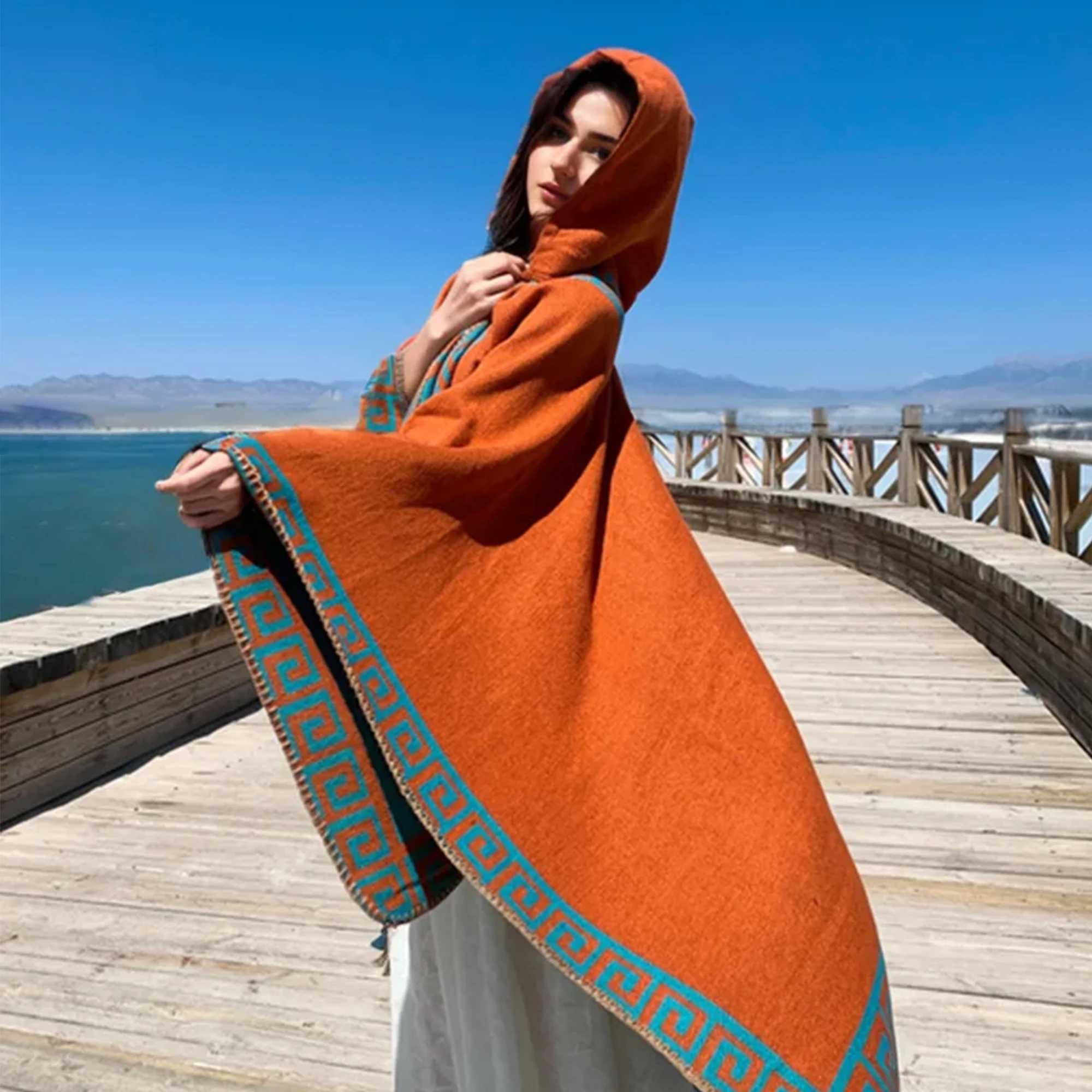 New Fine Ladies Shawl Scarf with Geometric Pattern Borders Hooded Wrap Shawl Autumn Winter outdoor Travel Stylish Women C251031