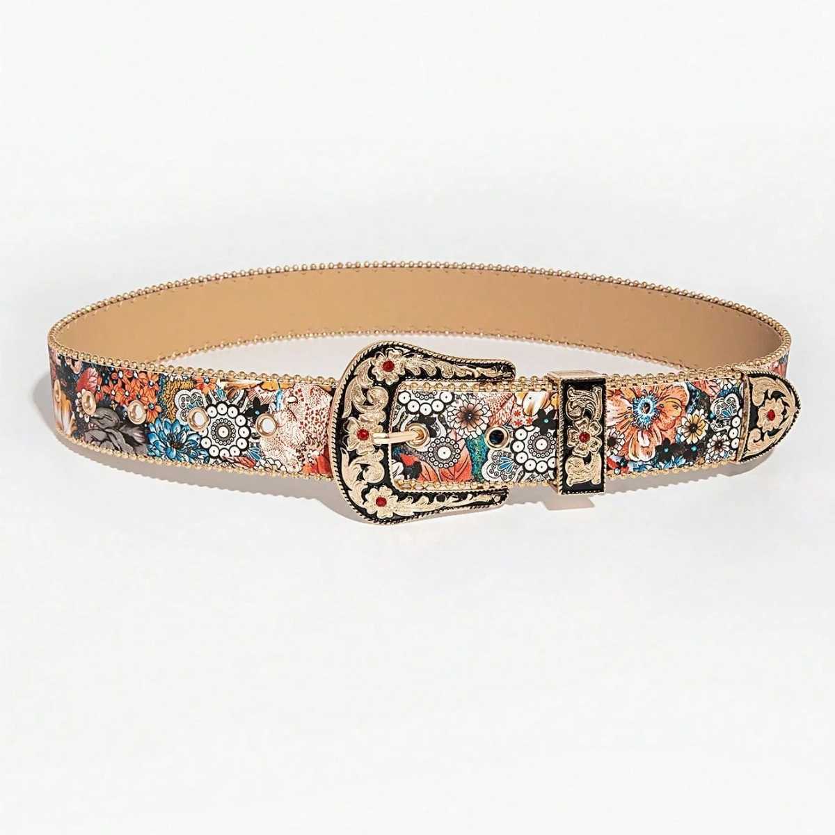 1pc Womens Palacestyle Light Luxury Gem Metal Buckle Multicolor Flower Print Belt A Versatile Decorative Belt for JeansW251030