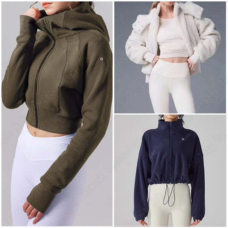 accolade Series yoga Gym sets New designer womens Autumn and winter brown lambhair hooded short jacket thick and warm sporty and casual stand up aloliness jacket