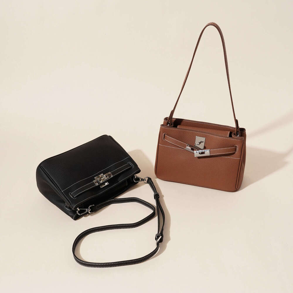 Top Layer Cowhide High-End New Vintage Lock Underarm Genuine Leather Shoulder Handbag Crossbody Bag