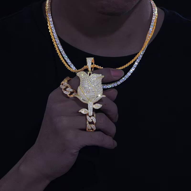 Pass Diamond Tester VVS Baguette Moissanite Rose Pendant 925 Sterling Silver Lab Diamond Iced Out Hip Hop Jewelry Wholesale