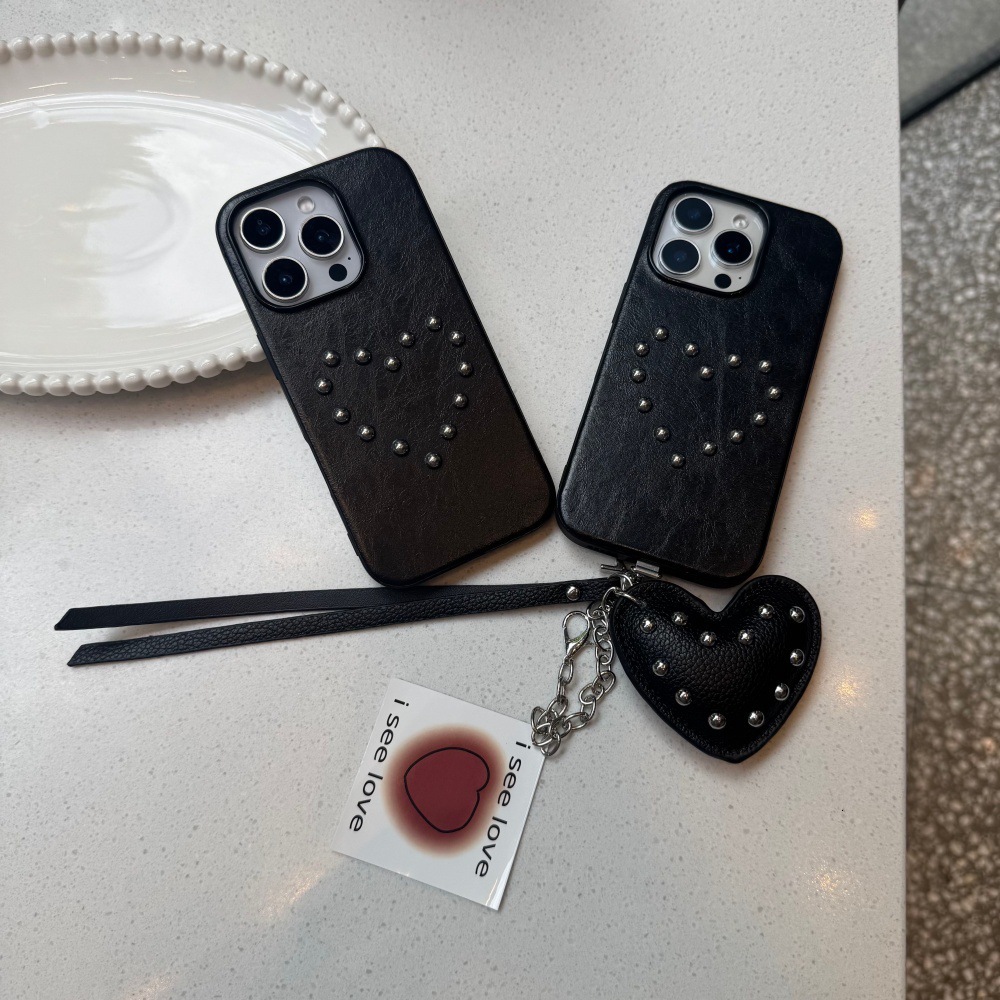 Leather Rivet Round Bead Heart Phone Case Compatible with iPhone 17/16P Personalized Heart Pendant iPhone 15/14