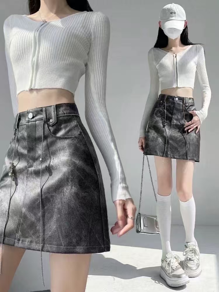 Women's Drawstring Leather Mini Skirt with Zipper Front, High-Waisted Short Skirt, Slimming & Heightening, Edgy Street Style Skirt for Women-NO05