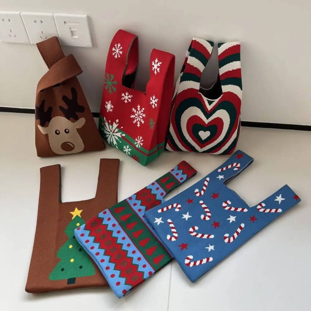 Polyester Women Christmas Knit Bag Christmas Tree Reusable Knot Wrist Bag Snowman Handmade Knit Tote Bags Shopping Bags 251104