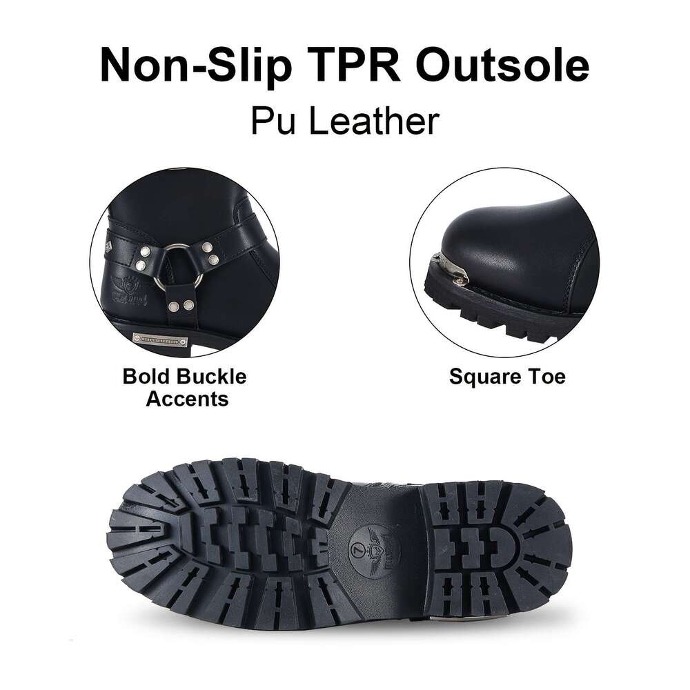 Women's PU Leather Harness Motorcycle For Riding, Waterproof Studded Biker Boots With Side Zipper & Buckle, Black Engineer Combat Mid-Calf Footwe