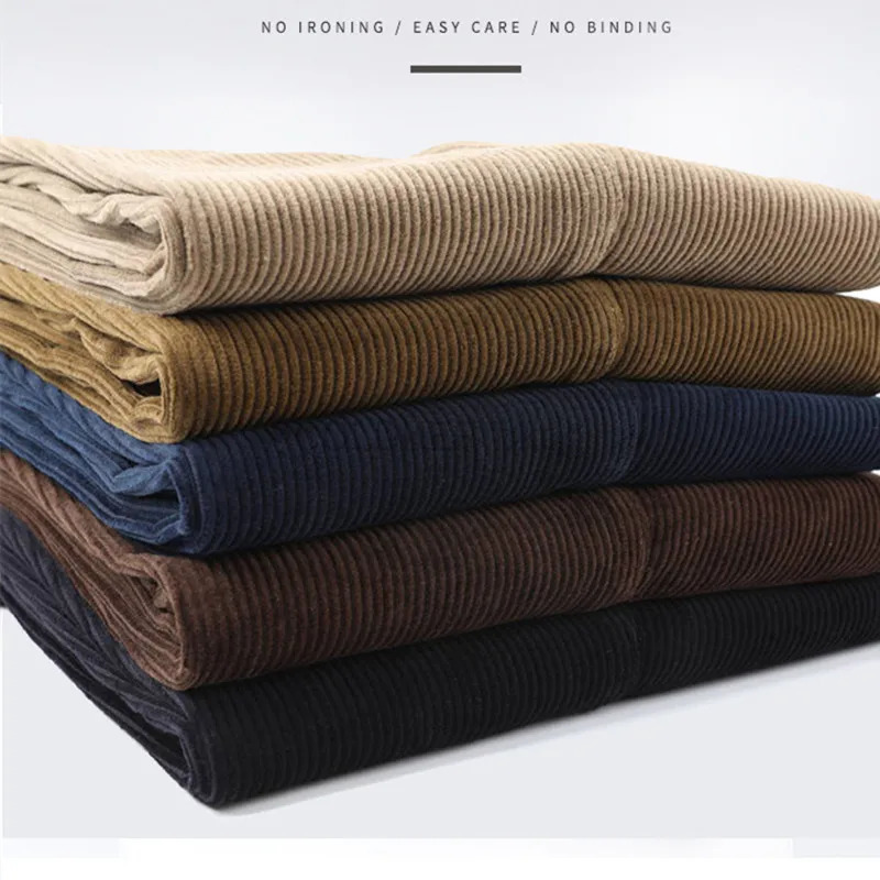Mens Corduroy Pant Autumn Winter Thick Straight Fit FlatFront Casual Chino Pants Black Casual Trousers Male 251028