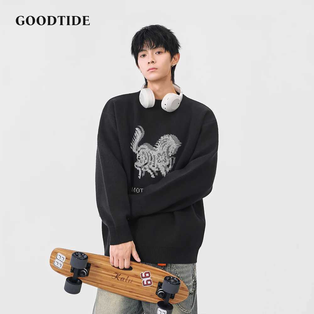 Fashion Mens Casual Crew Neck Sweater 2025 Winter New Horse Pattern Print Knitted Pullover Soft Long Sleeve Jumper Top J251021