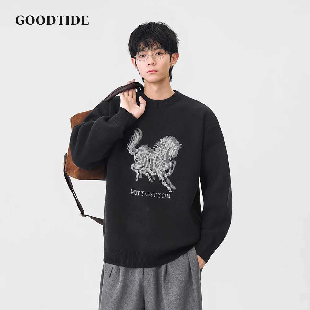 Fashion Mens Casual Crew Neck Sweater 2025 Winter New Horse Pattern Print Knitted Pullover Soft Long Sleeve Jumper Top J251021