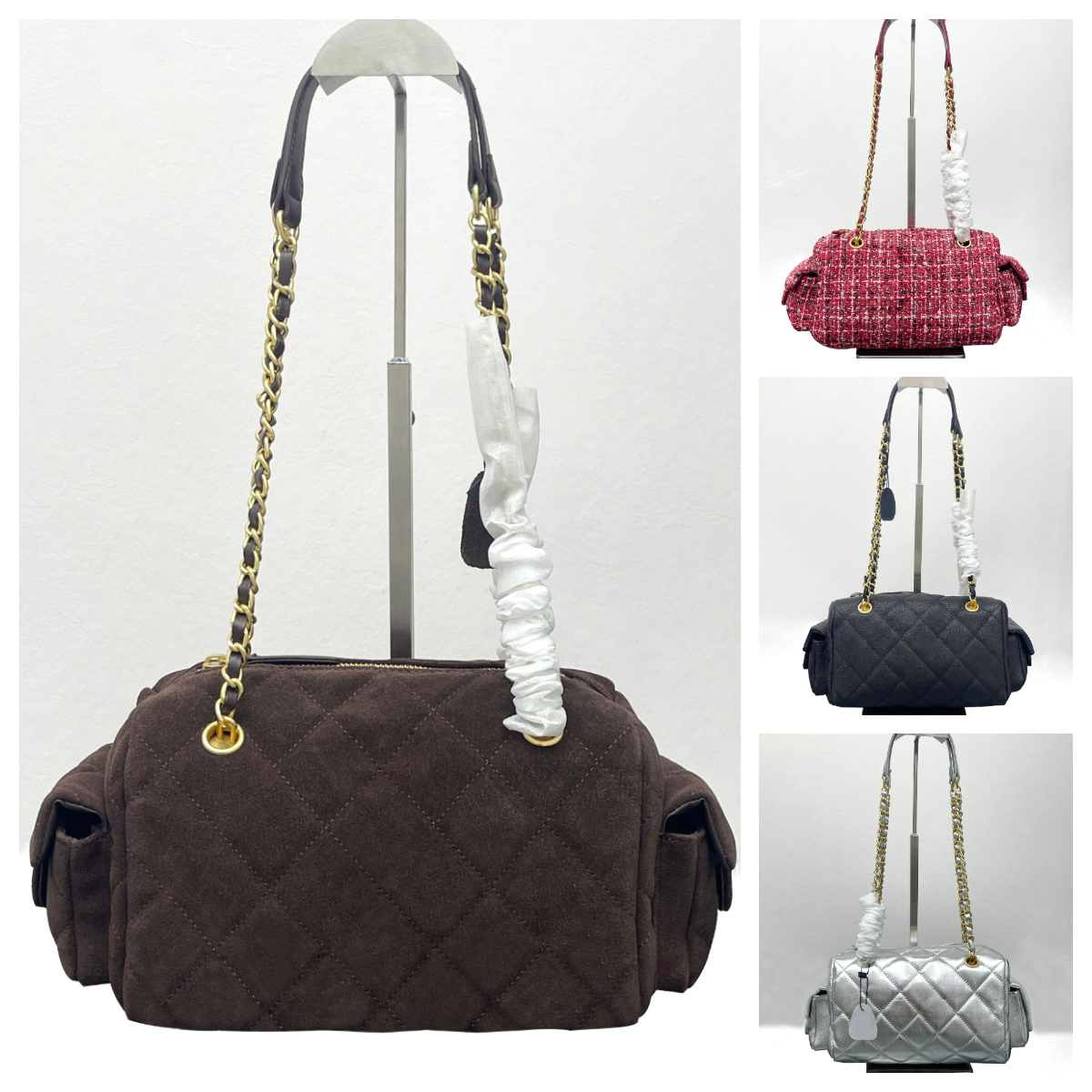 Chocolate Brown Bowling Bag Suede Vintage Pillow-Shaped Underarm bag Large Capacity Double-Pocket Hobo Bag Women's Chain Shoulder Bag Designer Weekend Bag