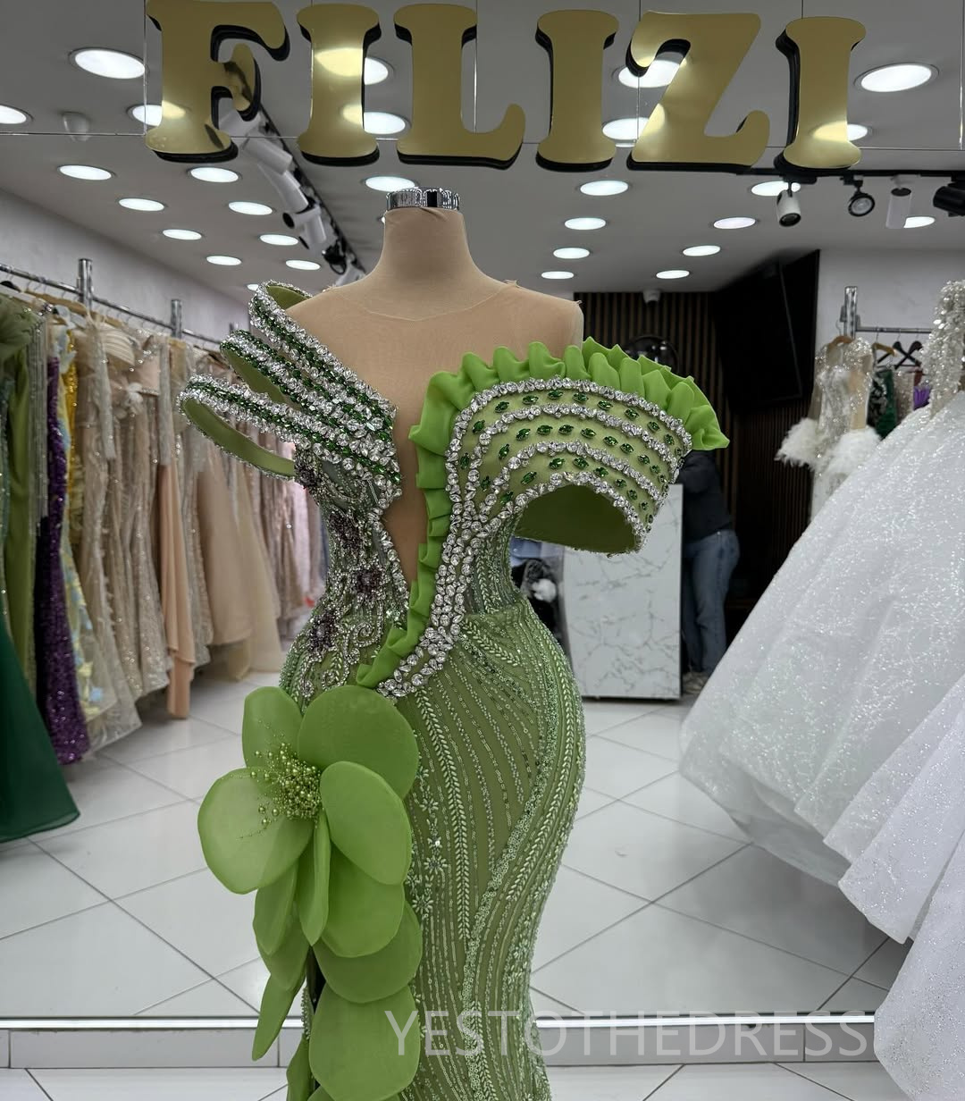 2026 Green Aso Ebi Prom Dress Mermaid Evening Dress Dress Robe De Soiree Sheer Neck Crystals Sexy Split Beaded Lace Flora Birthday Dress Second Recept